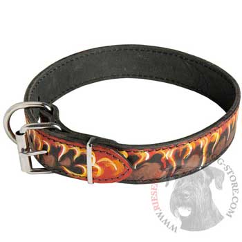Buckle Leather Dog Collar with Fire Flames for Riesenschnauzer