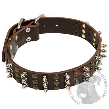 Riesenschnauzer Handmade Leather Collar 3  Studs and Spikes Rows