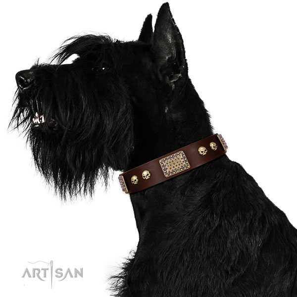 Rust-proof D-ring on full grain leather dog collar for comfy wearing