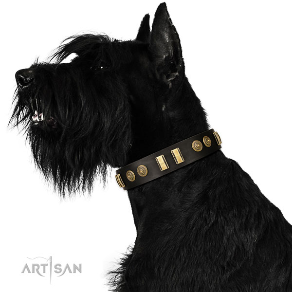 Rust-proof buckle on full grain leather dog collar for fancy walking