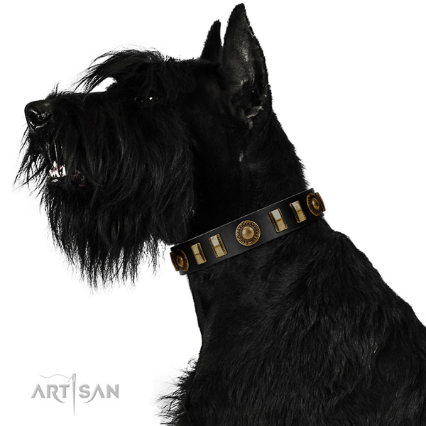 Soft to touch genuine leather dog collar with corrosion proof traditional buckle