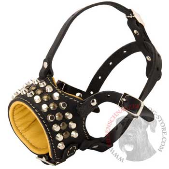 Adjustable Leather Riesenschnauzer Muzzle with Studs for Walking Dog 
