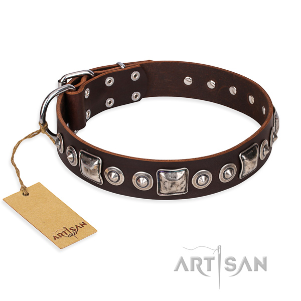 Natural genuine leather dog collar made of high quality material with strong traditional buckle