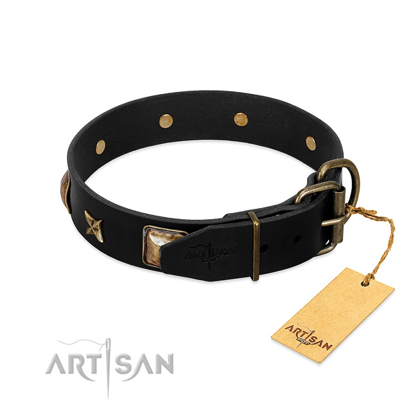 Reliable traditional buckle on full grain genuine leather collar for walking your four-legged friend