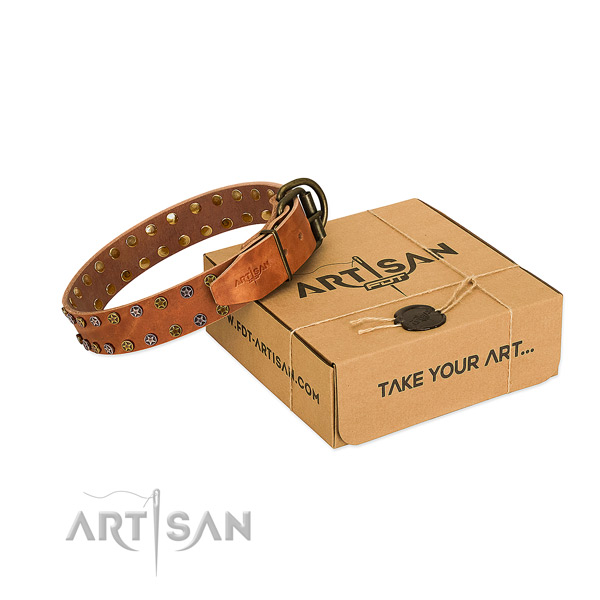 Comfy wearing soft to touch full grain genuine leather dog collar with adornments