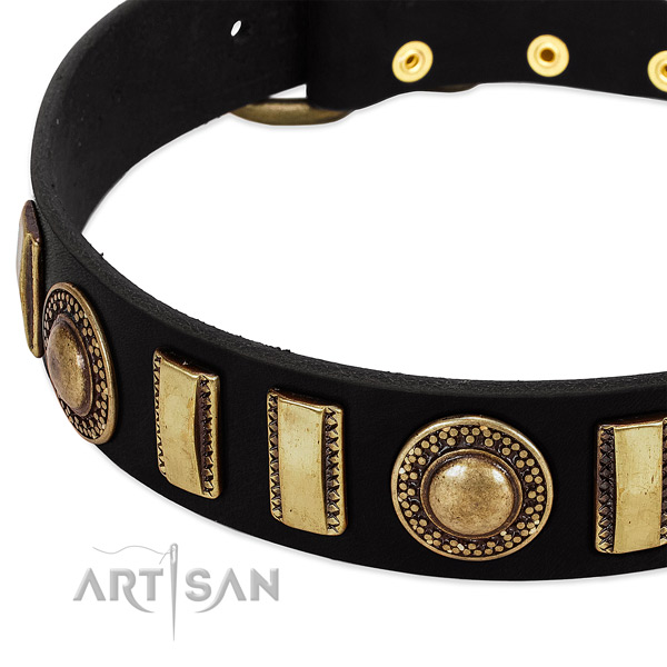 Strong full grain natural leather dog collar with reliable hardware