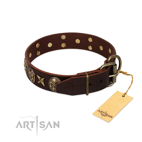 Genuine leather dog collar with strong hardware and decorations