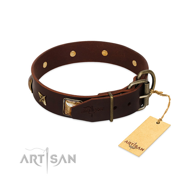 Natural genuine leather dog collar with corrosion resistant buckle and decorations
