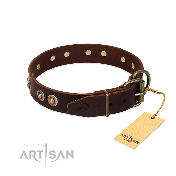 Rust-proof D-ring on full grain natural leather dog collar for your dog