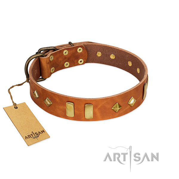 Everyday use soft to touch natural leather dog collar with decorations