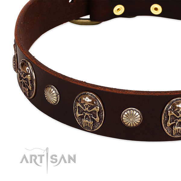 Leather dog collar with decorations for easy wearing