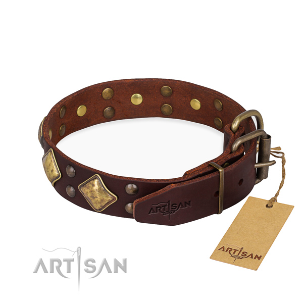 Natural leather dog collar with exquisite durable decorations
