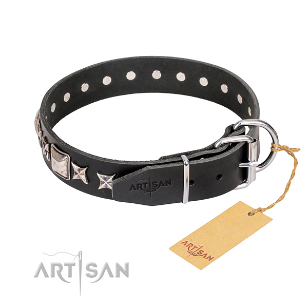 Durable decorated dog collar of full grain natural leather