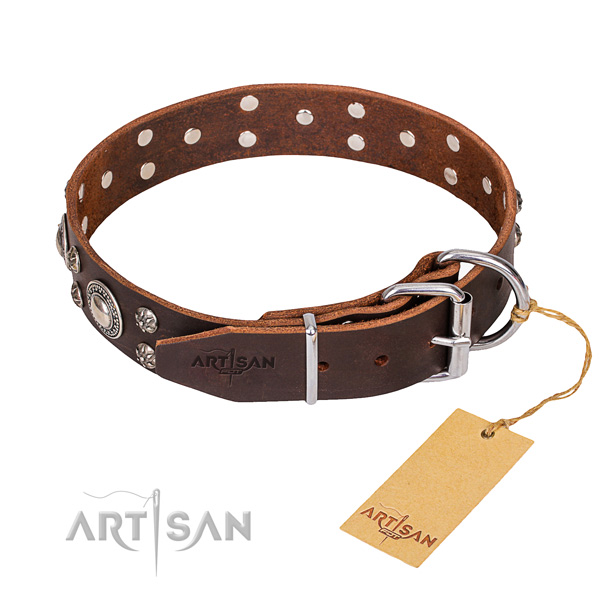Comfortable wearing decorated dog collar of finest quality genuine leather