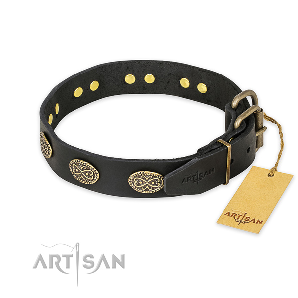 Durable D-ring on natural genuine leather collar for your stylish pet