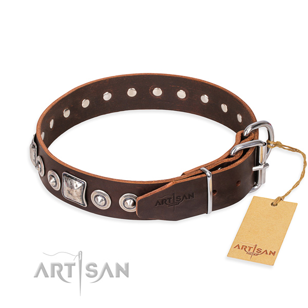 Full grain natural leather dog collar made of top notch material with strong decorations