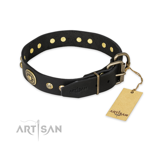 Corrosion resistant fittings on full grain leather collar for walking your four-legged friend