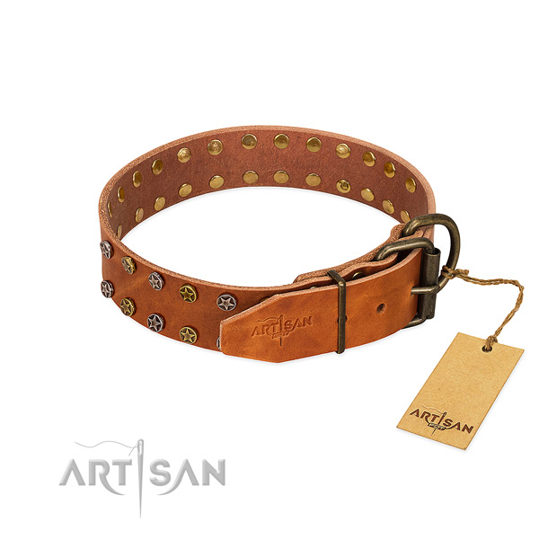 Handy use genuine leather dog collar with fashionable embellishments