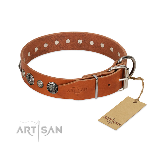 Soft genuine leather dog collar with corrosion proof buckle