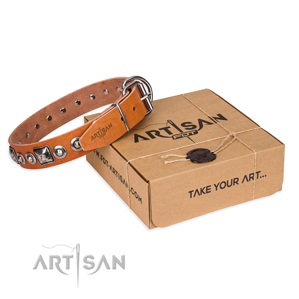 Full grain leather dog collar made of gentle to touch material with rust resistant hardware