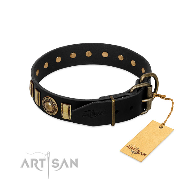 Strong full grain natural leather dog collar with adornments