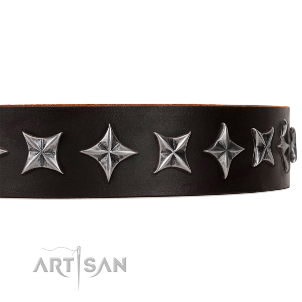 Handy use adorned dog collar of top notch full grain natural leather