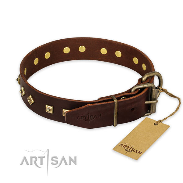Rust-proof D-ring on genuine leather collar for walking your four-legged friend