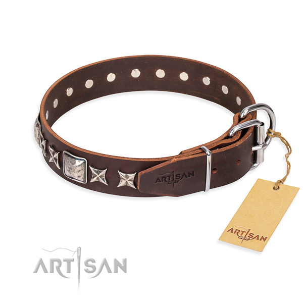 Durable embellished dog collar of full grain natural leather