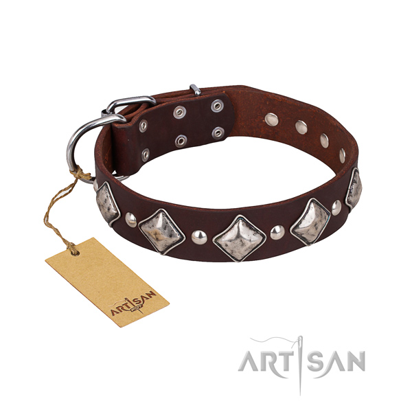 Easy wearing dog collar of high quality leather with embellishments