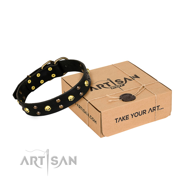 Daily walking dog collar of strong genuine leather with adornments