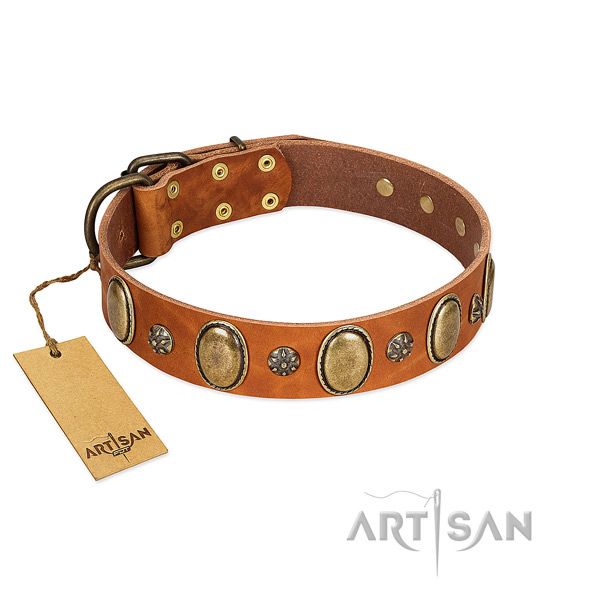 Comfy wearing soft full grain natural leather dog collar with studs