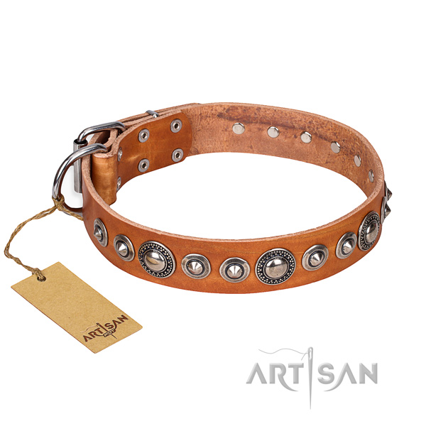 Genuine leather dog collar made of reliable material with corrosion proof fittings