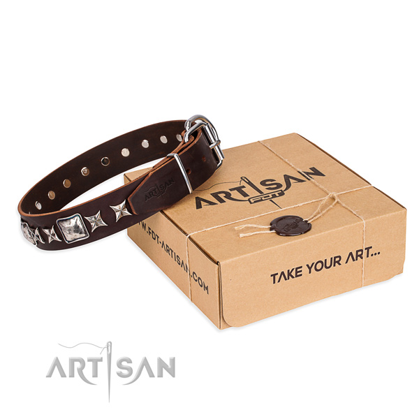 Handy use dog collar of top quality full grain genuine leather with embellishments