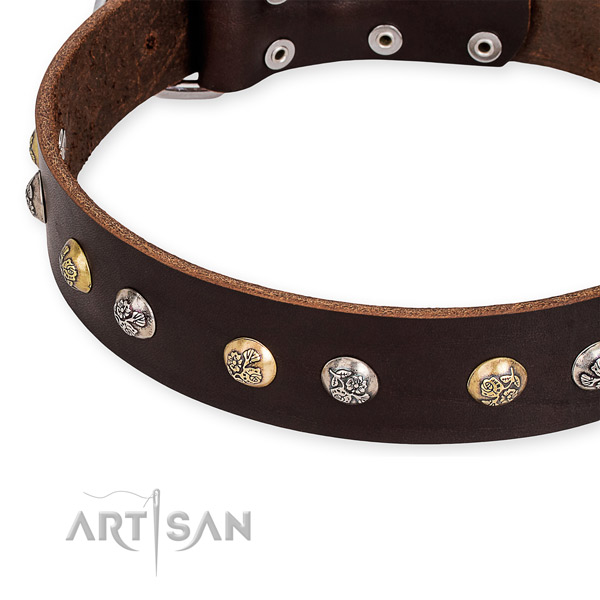 Full grain leather dog collar with stylish design strong decorations