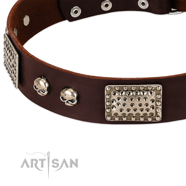 Rust-proof D-ring on full grain natural leather dog collar for your doggie