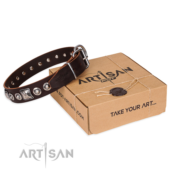 Full grain genuine leather dog collar made of gentle to touch material with corrosion proof hardware