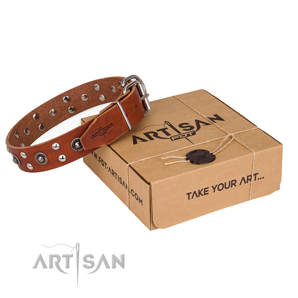 Corrosion resistant D-ring on full grain natural leather collar for your beautiful doggie