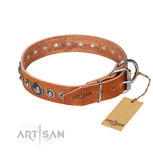 Full grain leather dog collar made of soft material with reliable decorations