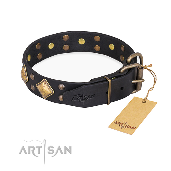 Full grain natural leather dog collar with significant reliable decorations