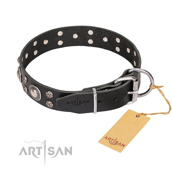 Comfortable wearing adorned dog collar of reliable leather