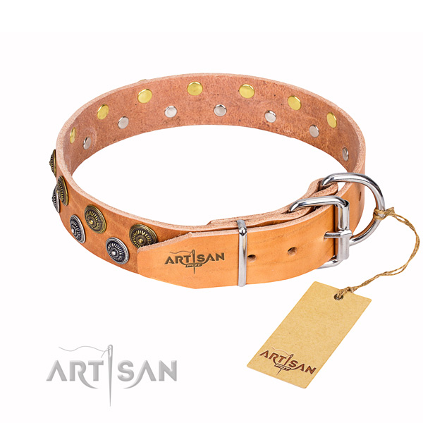 Comfy wearing decorated dog collar of best quality natural leather