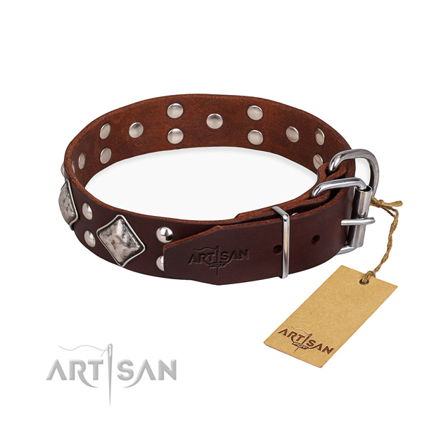 Full grain natural leather dog collar with fashionable corrosion proof decorations