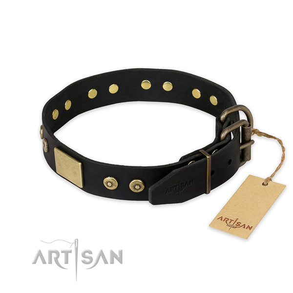 Corrosion resistant buckle on full grain genuine leather collar for stylish walking your doggie