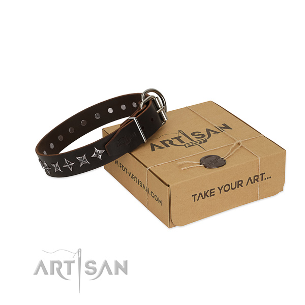 Easy wearing dog collar of quality full grain natural leather with adornments
