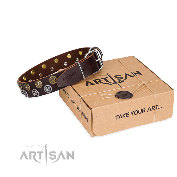 Easy wearing dog collar of strong leather with adornments