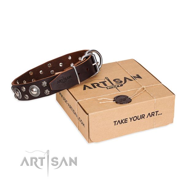 Daily walking dog collar of best quality genuine leather with decorations