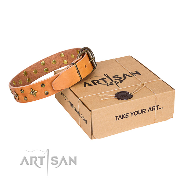 Handy use dog collar of strong full grain natural leather with decorations