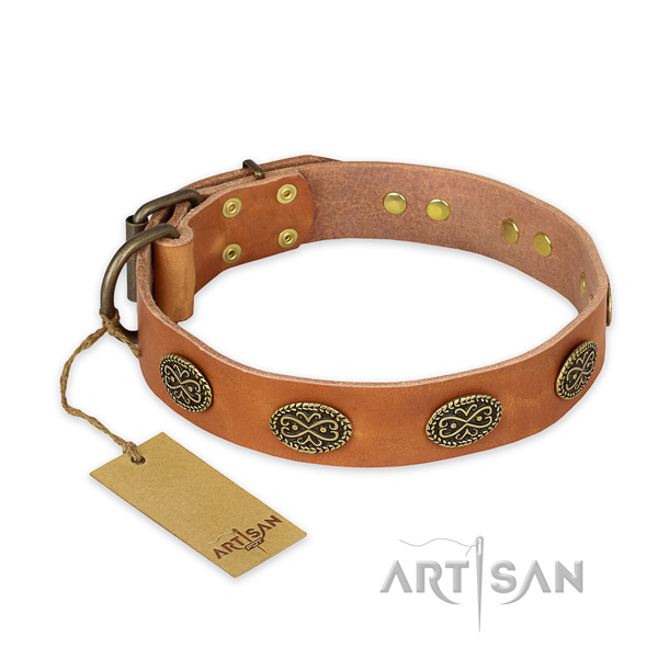 Embellished full grain natural leather dog collar with durable D-ring