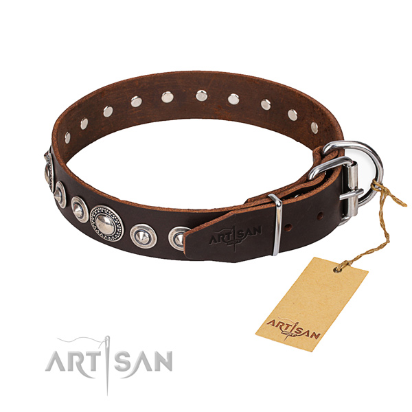 Full grain natural leather dog collar made of soft to touch material with reliable buckle