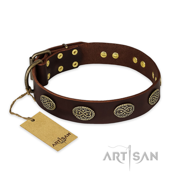 Exceptional natural genuine leather dog collar with reliable traditional buckle